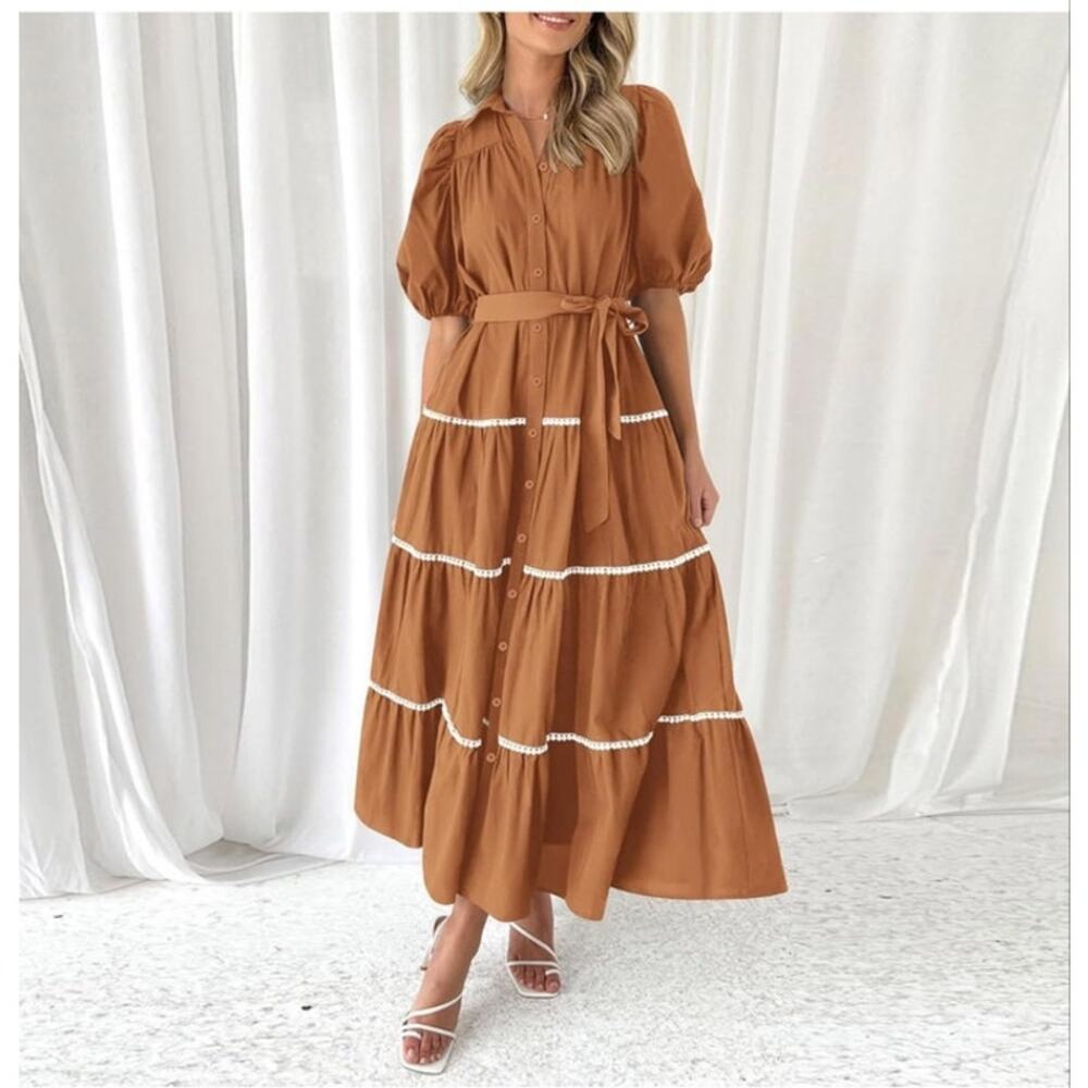 NWOT Pretty Garden Button Down Dress Tiered Ruffle Flowy Maxi Dress Size Large